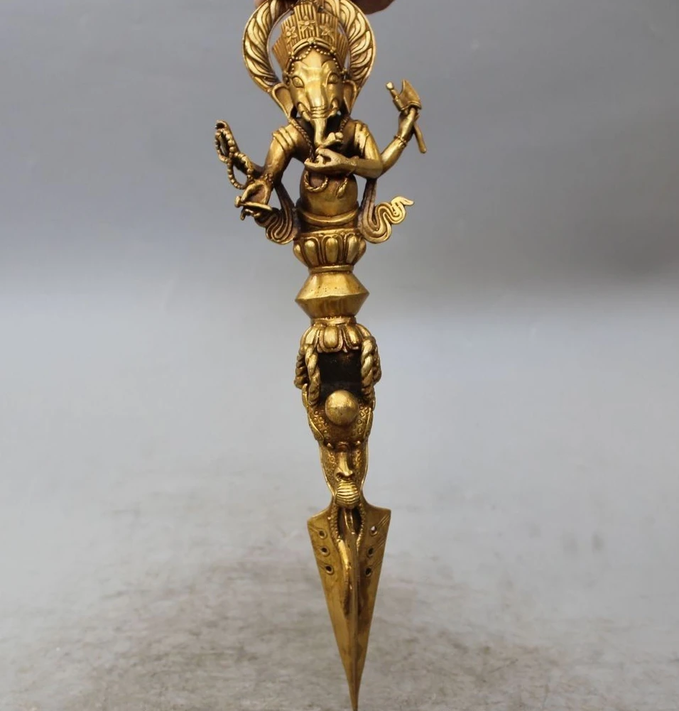 

14"Tibet Temple Bronze Gilt 4 arm elephant Buddha Implement dharma-vessel Statue