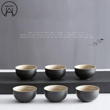 

6PCS Black And White Ceramics Black Pottery Teacup Tea Accessories Tea Pot Tie Guan Yin Tea Storage Canister Tea Set Bag
