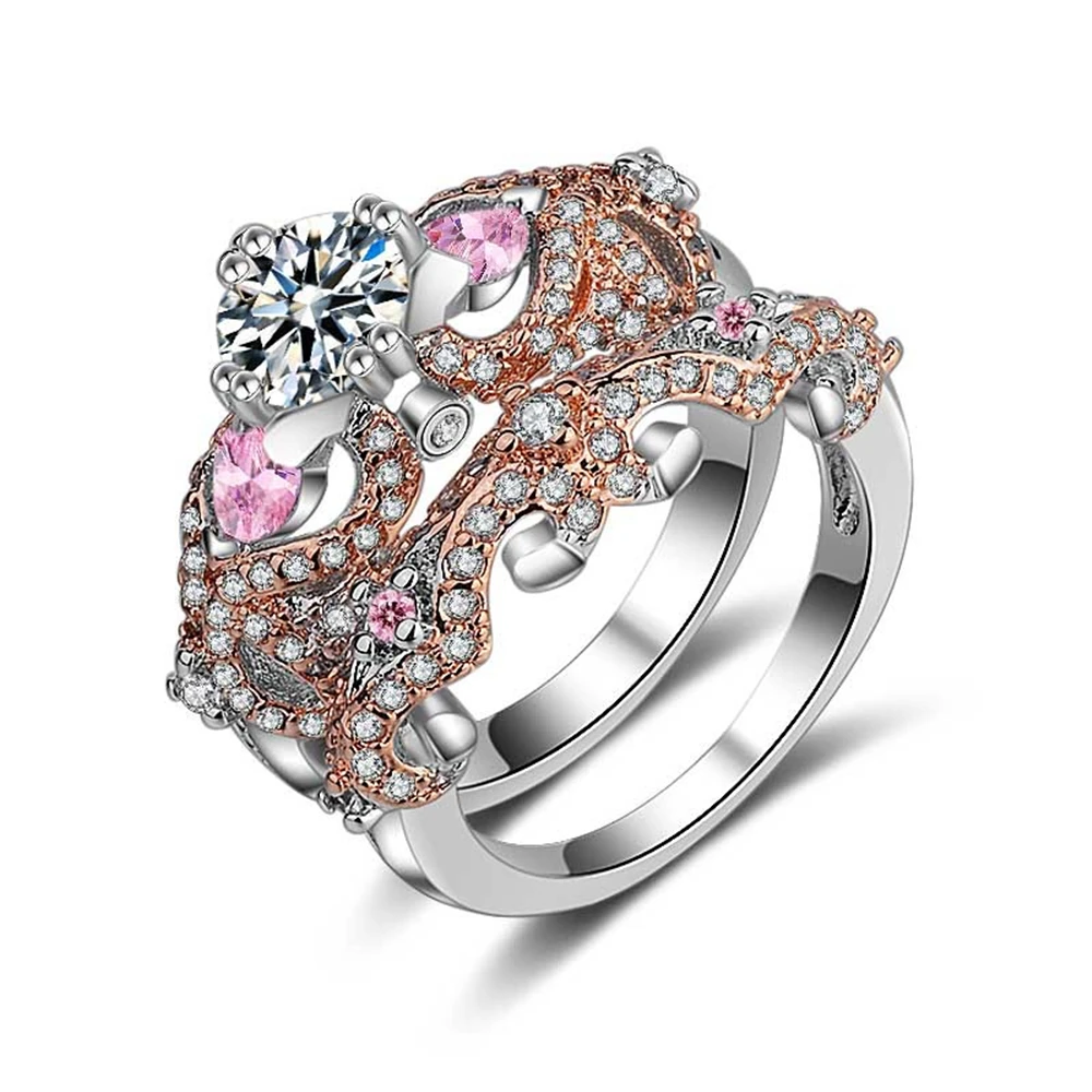 

R009 Custom Flower Couple Ring Pink Clear Crystal Birthstone Ring Engraved Silver Ring For Lover Gifts