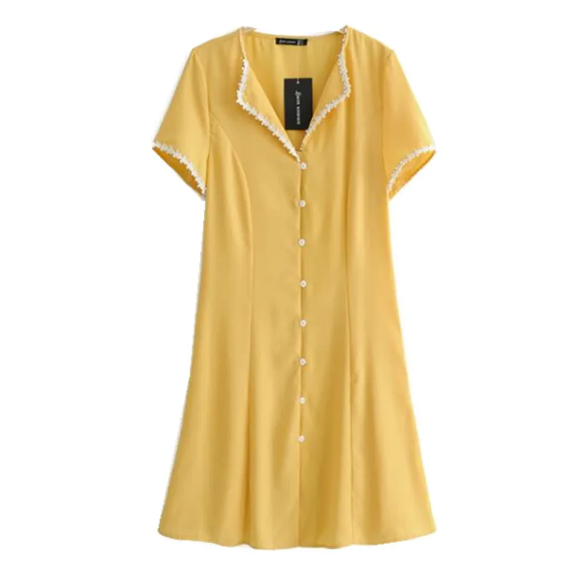 2019 French Spliced Lace V neck Single-breasted Buttons Mini short Dress Yellow Women Short Sleeve Dresses