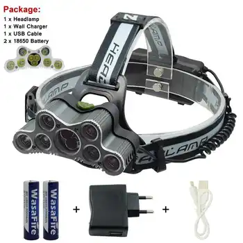 

Super Bright USB Headlight 9 Led Headlamp XML T6 Led Frontal Flashlight Torch Rechargeable Head Light Hunting Camp Lamp by 18650