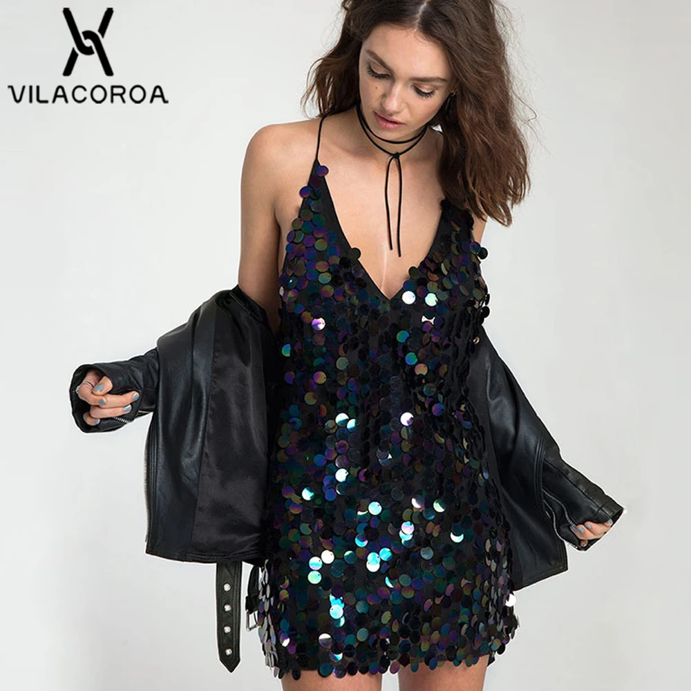 

Fashion Sexy Nightclub Sleeveless Camis Mini Dress For Women Vestidos Sequin Strapless V-Neck A-Line Dress Female robe femme