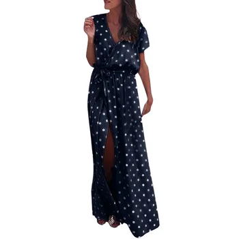 

Summer Sexy Dress Women Sexy Pink Wave Point V-Neck Maxi Dress Fork Opening Long Dress With Belt vestidos 2020 #Zer