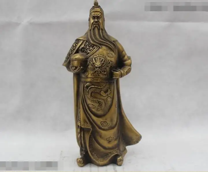 

S02827 14"China Folk Pure Bronze Money drawing Stand Dragon Guan Gong Statue B0403