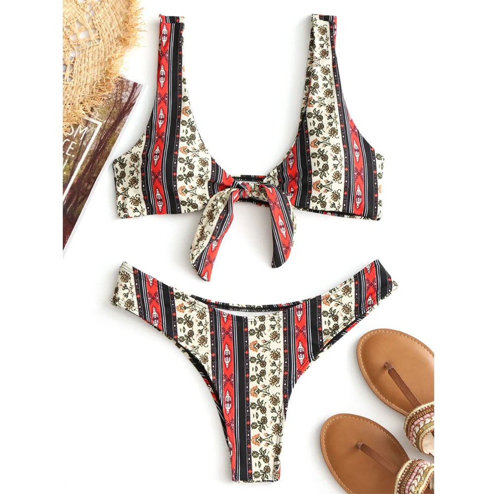 

2019 Women Tiny Floral Knot Bikini Set Sexy Mid Waisted Floral Straps Swimsuits Summer Beach Women Swimwear