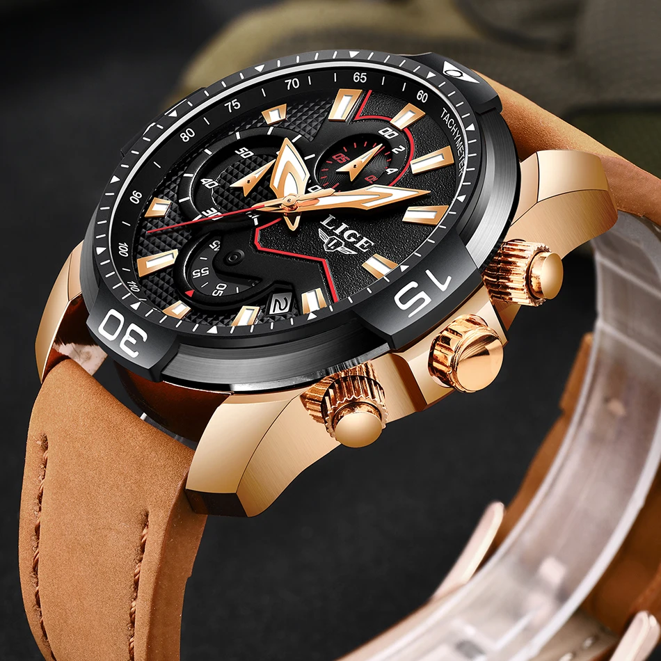Reloje LIGE мужские часы, мужские кожаные автоматические кварцевые часы с датой, мужские роскошные брендовые водонепроницаемые спортивные часы, мужские часы