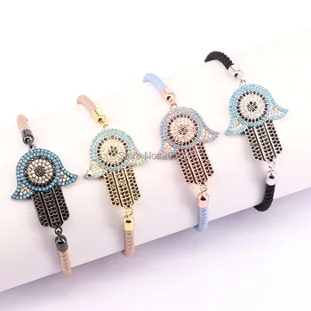 

5Pcs Mix Color Micro Pave CZ Hamsa Hand Connector Adjustable Rope Chain Charm Bracelet for Women Handmade Jewelry