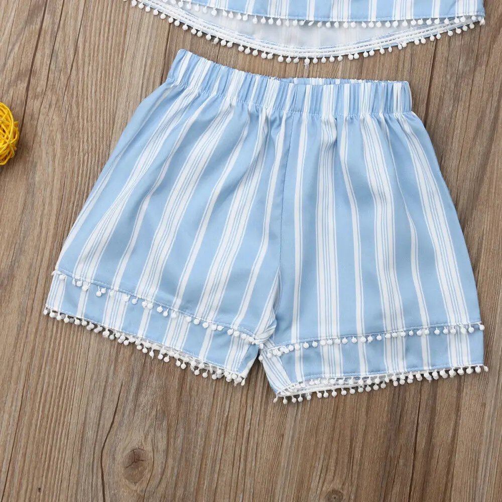 2Pcs Toddler Kid Baby Girl Summer Clothes Set Striped Off Shoulder Tassel Short Sleeve Tops Shorts Sunsuit 2Pcs Toddler Kid Baby Girl Summer Clothes Set Striped Off Shoulder Tassel Short Sleeve Tops Shorts Sunsuit