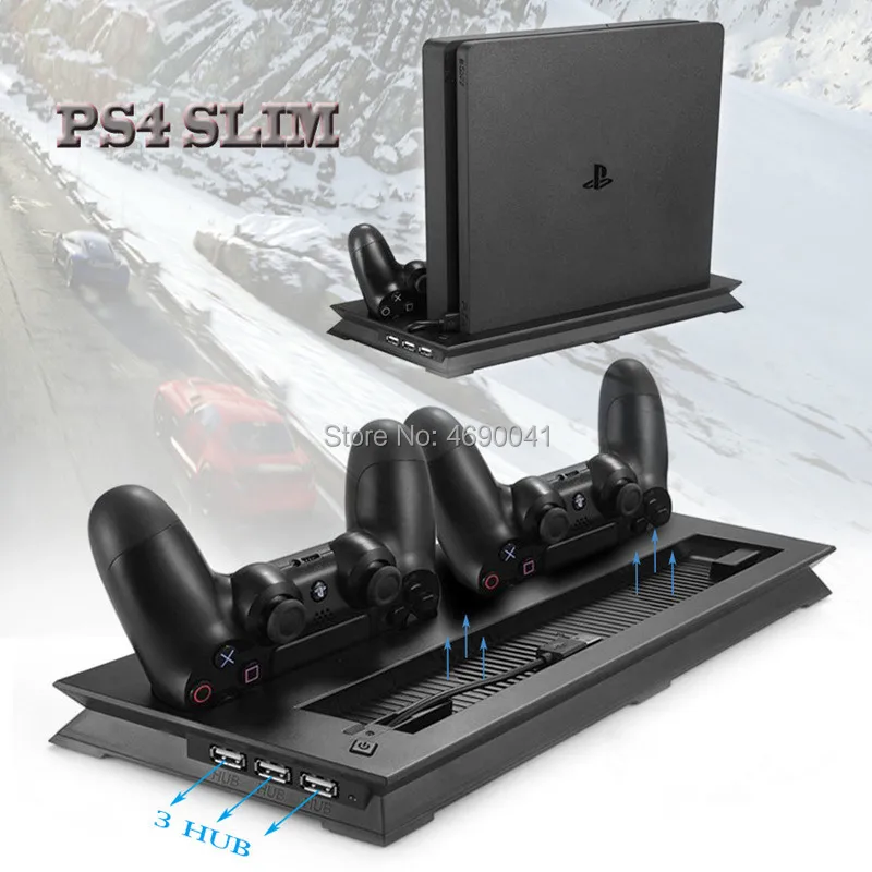 PS4 Slim вертикальная подставка с охлаждающим вентилятором кулер подставка для двух контроллеров для Зарядное устройство зарядная станция для SONY Playstation 4 Slim консоли