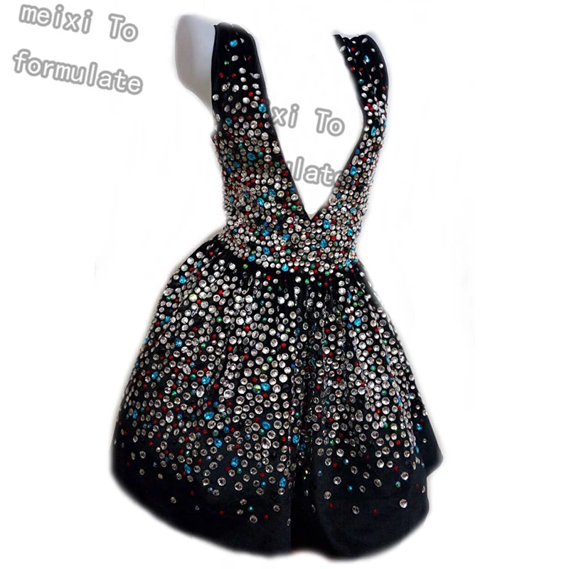 

Black deep V rhinestone bar nightclub concert singer dancer dress.