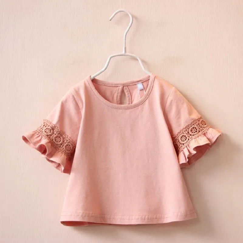Кружевная детская футболка принцессы для девочек, детские футболки с короткими рукавами для девочек, верхняя одежда на лето и весну - Цвет: Розовый