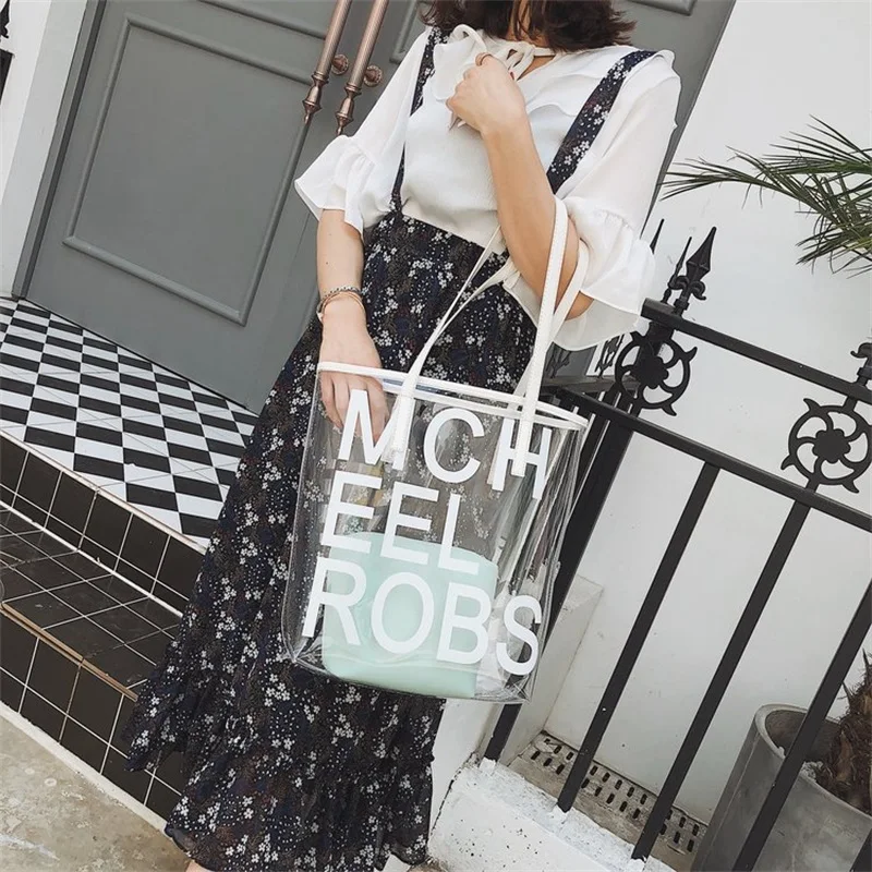 

2018 Hot Sale Transparent Plastic Handbag Shoulder Bag Women Fashion Letter Beach Tote Sweet Lady Jelly PVC Clear Composite Bag
