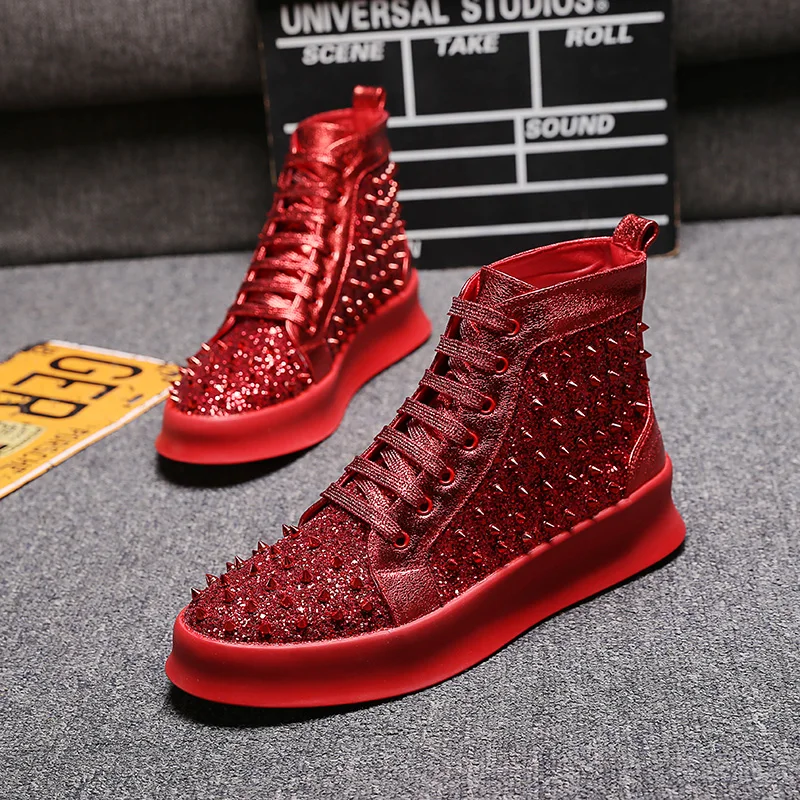 British luxury fashion men party banquet dresses soft leather rivet shoes flat platform shoe personality hip hop ankle boots man