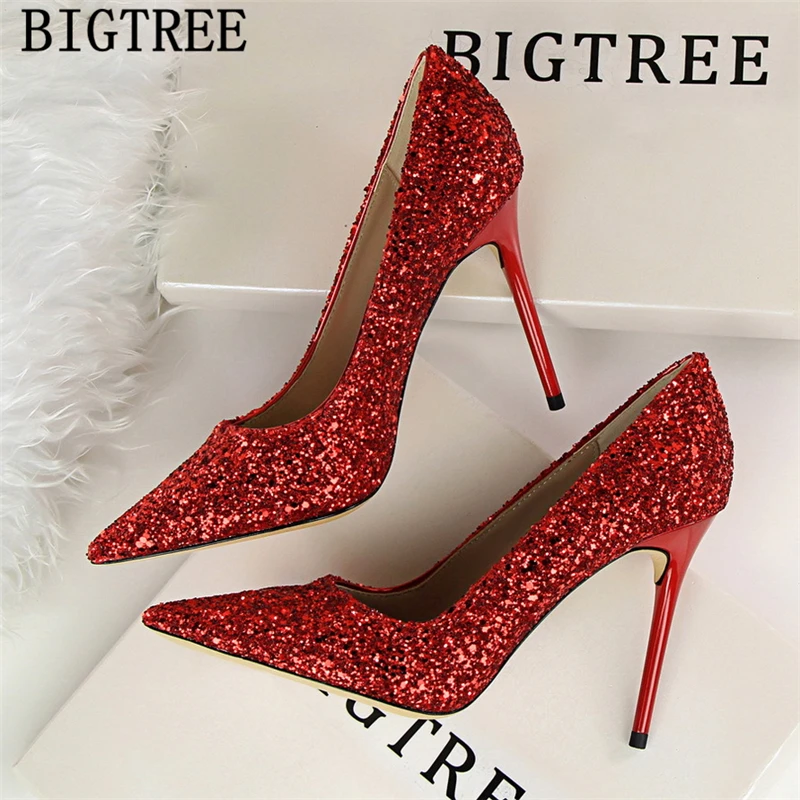 Туфли лодочки Bigtree женские блестящие туфли высокий каблук шпилька золотистые