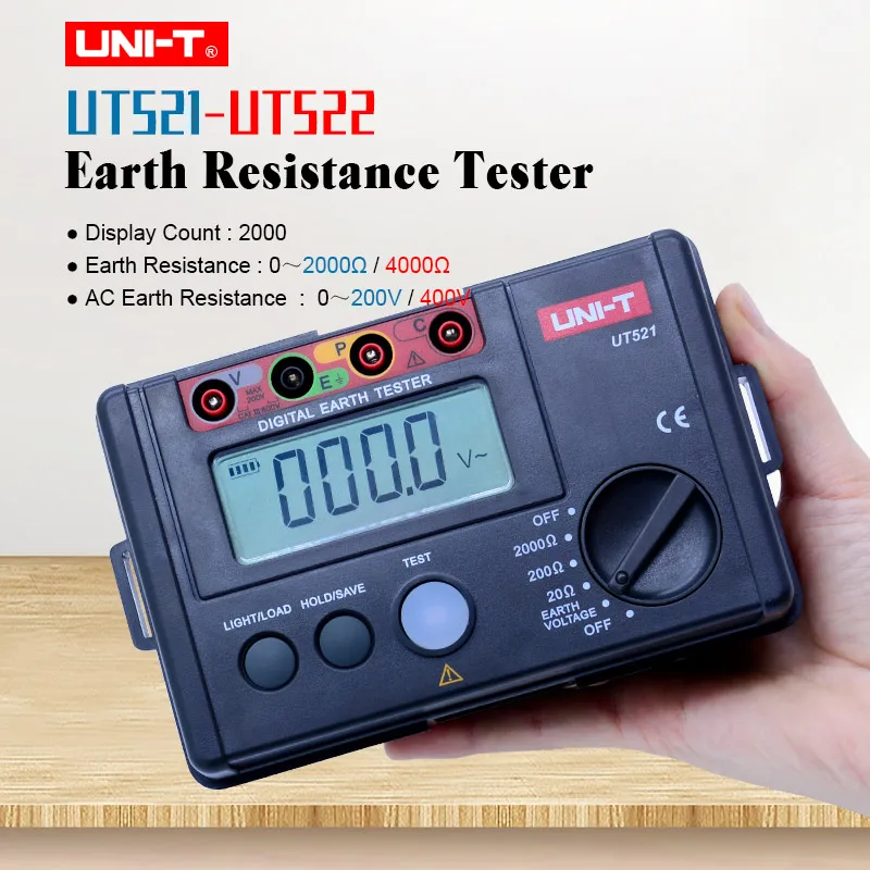 

UNI-T UT521 Digital Earth Ground Resistance tester 0-2000ohm 2000 count ohmmeter AC earth voltmeter Data hold with LCD backlight