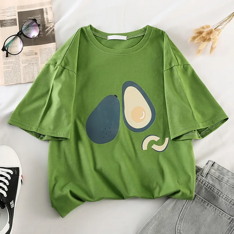 

Women T-Shirts Harajuku Cartoon Pattern Printed Tee Shirts Korean kawaii tshirt Short Sleeve green white Tops ulzzang streetwear