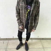 2017 GOOD Quality New Hip Hop Mens Dress Shirt Plaid Shirts Long Sleeve Damage Green Plaid Man Autumn 100% Cotton Long Shirt