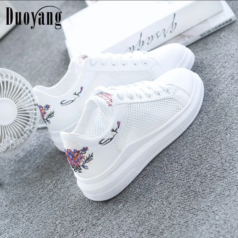 

2018 Summer Women Shoes Fashion Breathable Mesh Casual Embroider Female Sneakers lace-up Women White Shoes tenis feminino