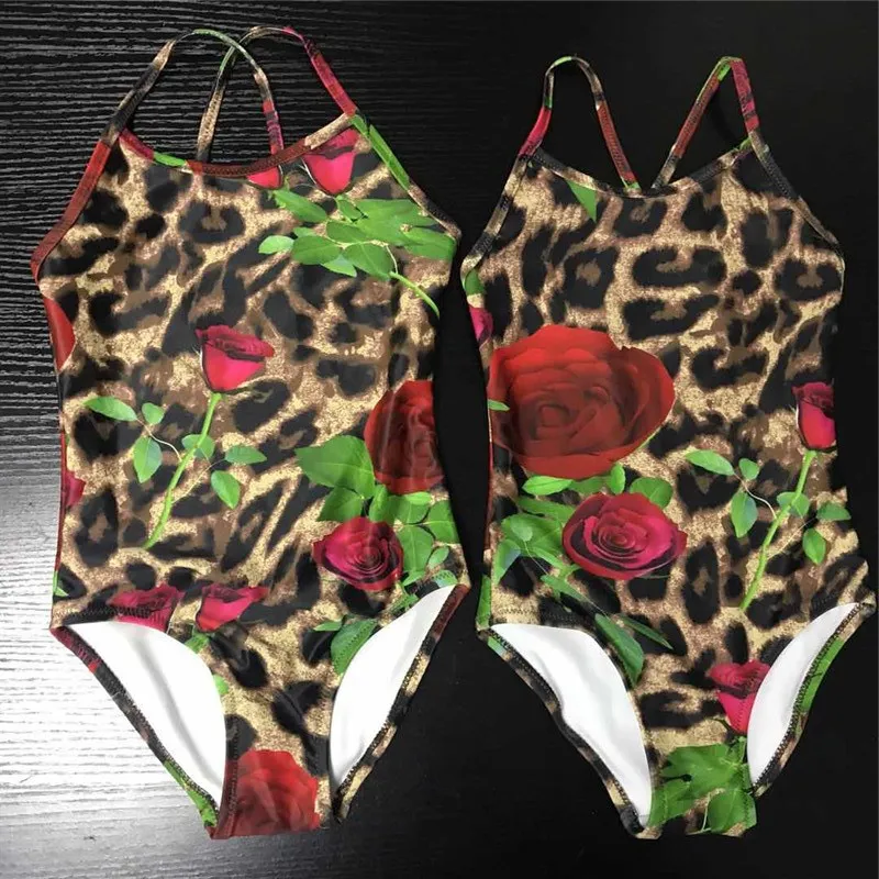 Новая одежда для маленьких девочек, красная роза, купальники для детей, одежда с цветочным рисунком для девочек, пляжный купальник, детский леопардовый комбинезон