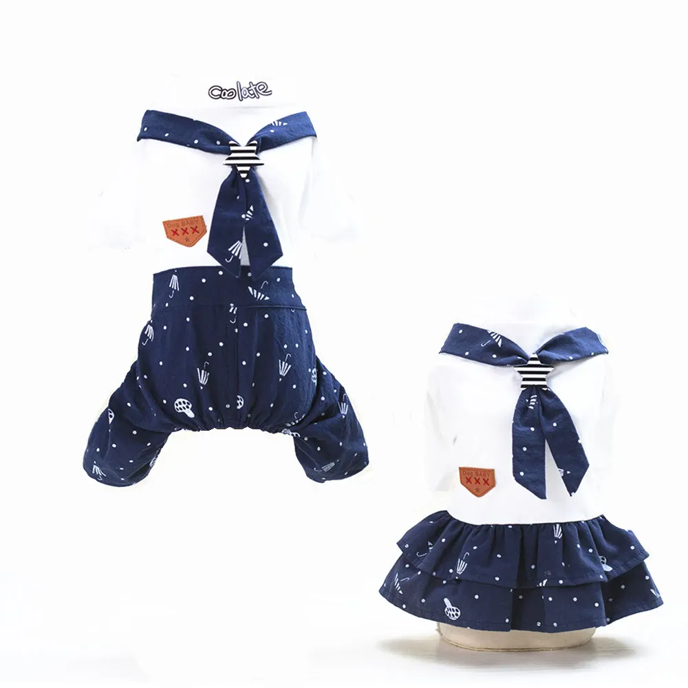 

Newest puppy pet dog dress jumpsuit for teddy dogs navy pet clothes supplies
