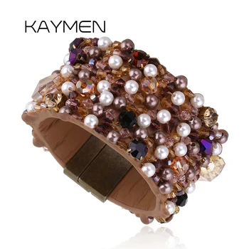 

KAYMEN New 2018 Crystals Handtailor on Imitation Leather Especial Magnet Clasp Statement Bracelet Bangle for Women