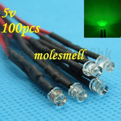 Free shipping 100pcs 3mm 5v Flat Top Green LED Lamp Light Set Pre-Wired 5V DC Wired big/wide angle green led | Электронные