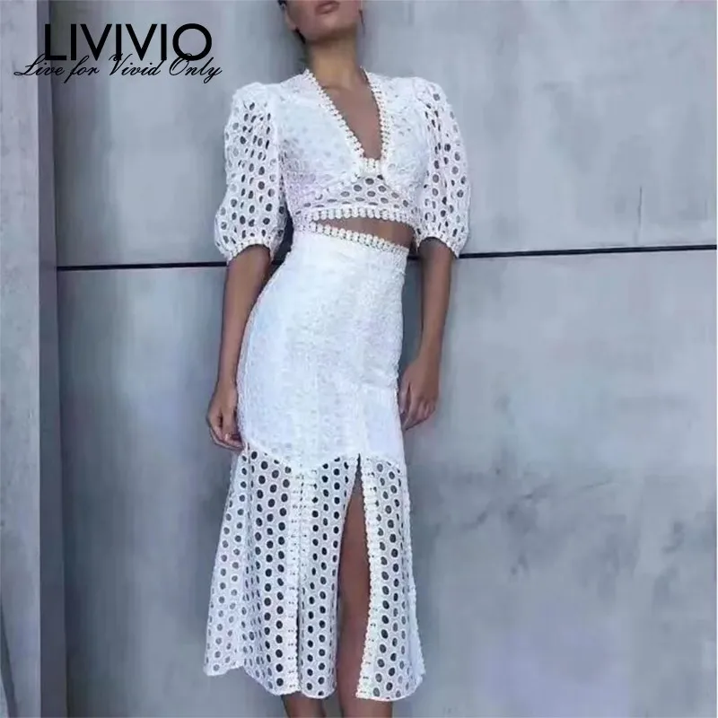 

[LIVIVIO] Embroidery Hollow Out Women Suit V Neck Puff Sleeve Short Tops High Waist Split Skirt Female Two Piece Set Fashion