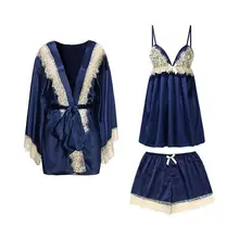 Daeyard Шелковая пижама Пижамы женские сексуальные кружевные шорты на бретельках костюм халаты 3 шт Женский пижамный комплект роскошная Ночная одежда домашняя одежда