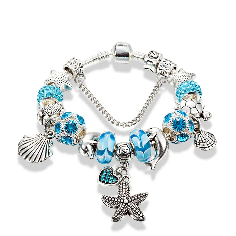 

Blue Crystal Dolphin shell starfish Charm pandora Bracelet For Women silver European Diy Beads Bracelets & Bangles Pulseira