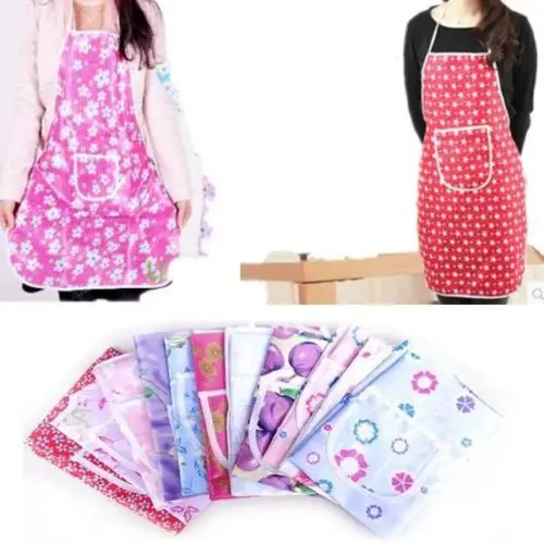 Women Flower Waterproof Apron Home Kitchen Restaurant Bib Pocket Cooking Dresscooking Dress 