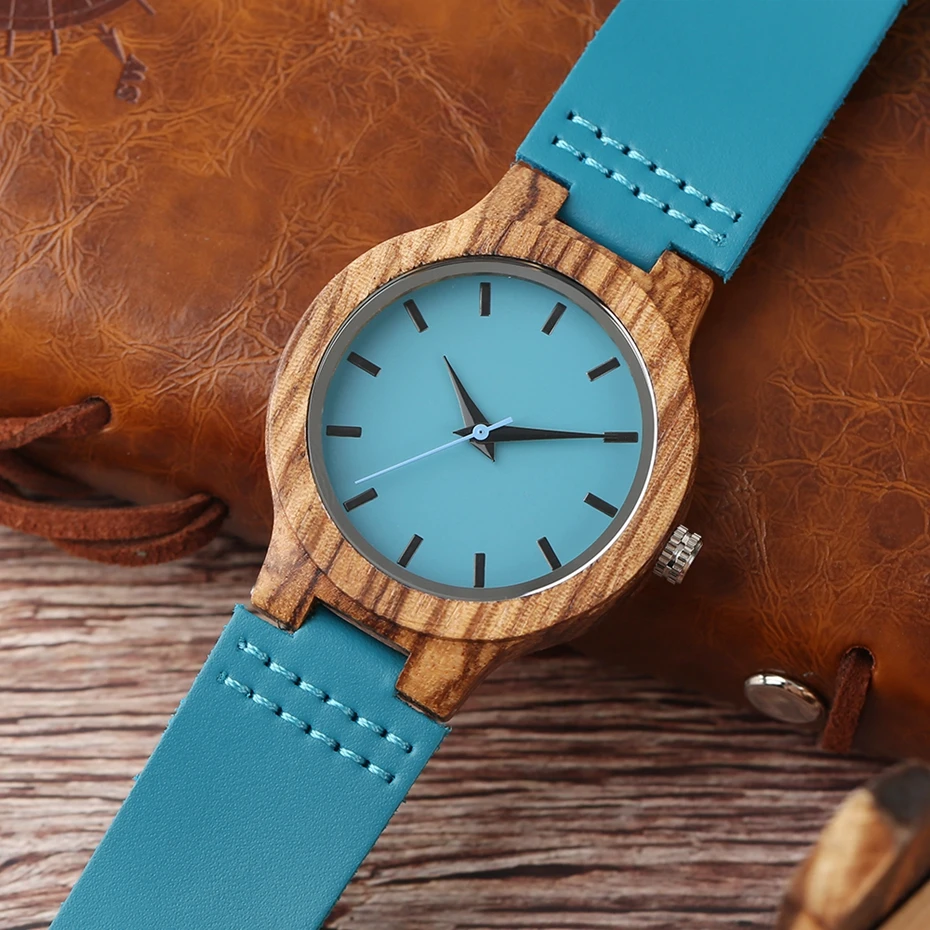 Fashion Blue Wooden Bamboo Quartz-watch Natural Wood Wristwatch Genuine Leather Creative Xmas Gift for Men Women Reloj de madera 2017 2018 (25)