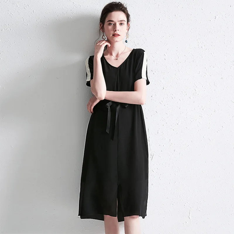 

Summer Dress 100% Silk 2019 Women's New Fashion Simple Stripes Patchwork V-Neck Short Sleeves Drawstring Waist Slim Split Dress