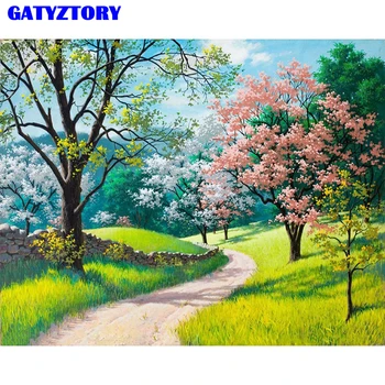 

Frameless Cherry Blossoms DIY Painting By Numbers Landscape Modern Wall Art Picture Kits Paint On Canvas For Living Room Artwork