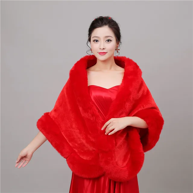 Best Product Warm Red Faux Fur Wedding Wrap Coat Bolero Bridal Accessories Cape Cloak Shawls Scarves  Shrugs For Women  Shoulder is 42cm