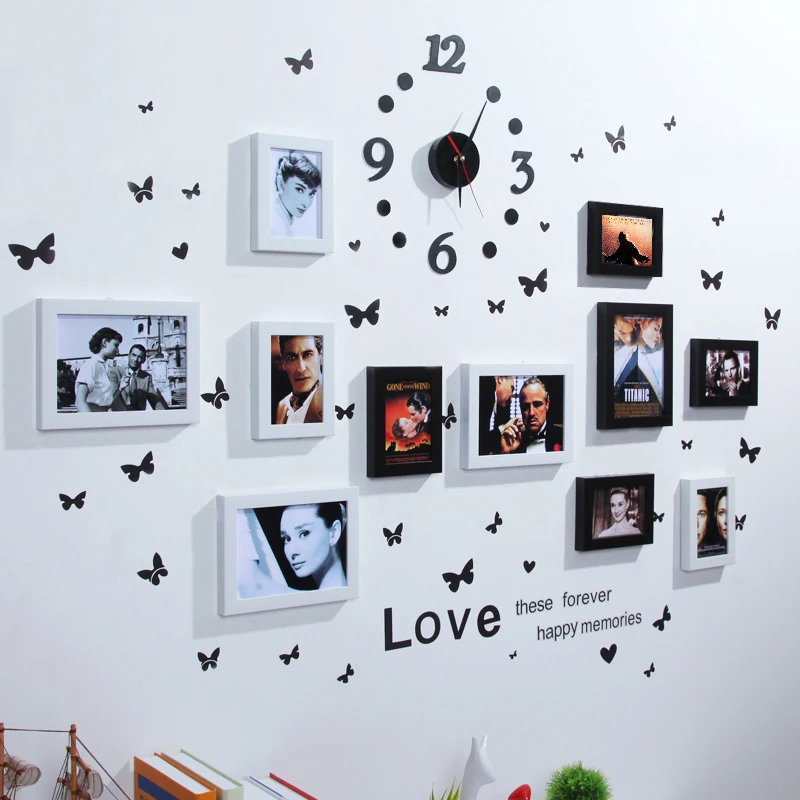 

11 Frames Combination Photo Wall Clock Models Frame Wall Creative Portfolio Hanging Photo Wall Butterfly Stickers Decoration
