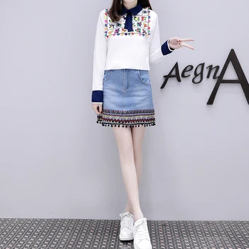 

Europe Fashion 2018 Spring New Two-Piece Clothing Set Embroidery White Shirt & Denim Short Skirt Tassel Girl Outfit Design S-XL