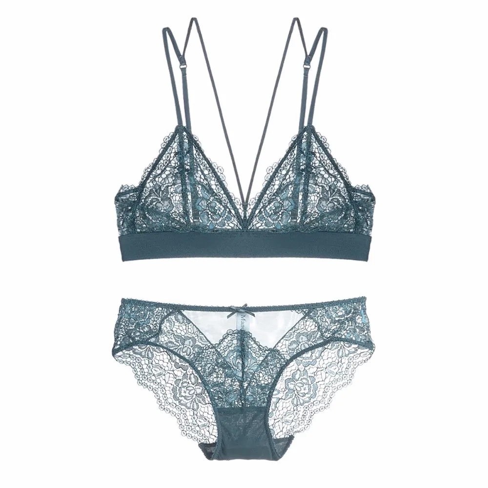 Wire free comfortable ultra thin cup female underwear sets floral lace embroidery bra set