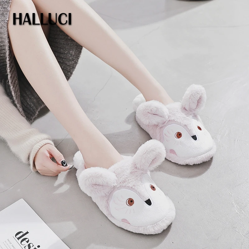 

HALLUCI Slippers Kawaii fox home slippers women shoes indoor funny plush slides women rubber soft chinelo rabbit wool pantufa