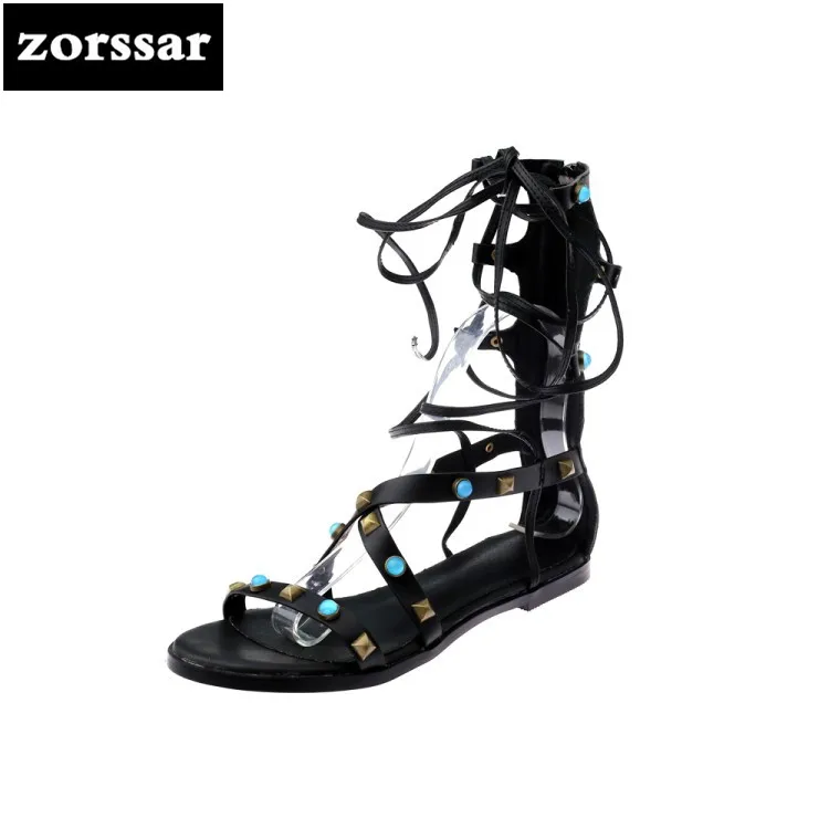 

{Zorssar} Fashion rivets Casual Women flats Sandals Summer womens shoes Genuine Leather Roman Gladiator flat Woman Beach Sandals