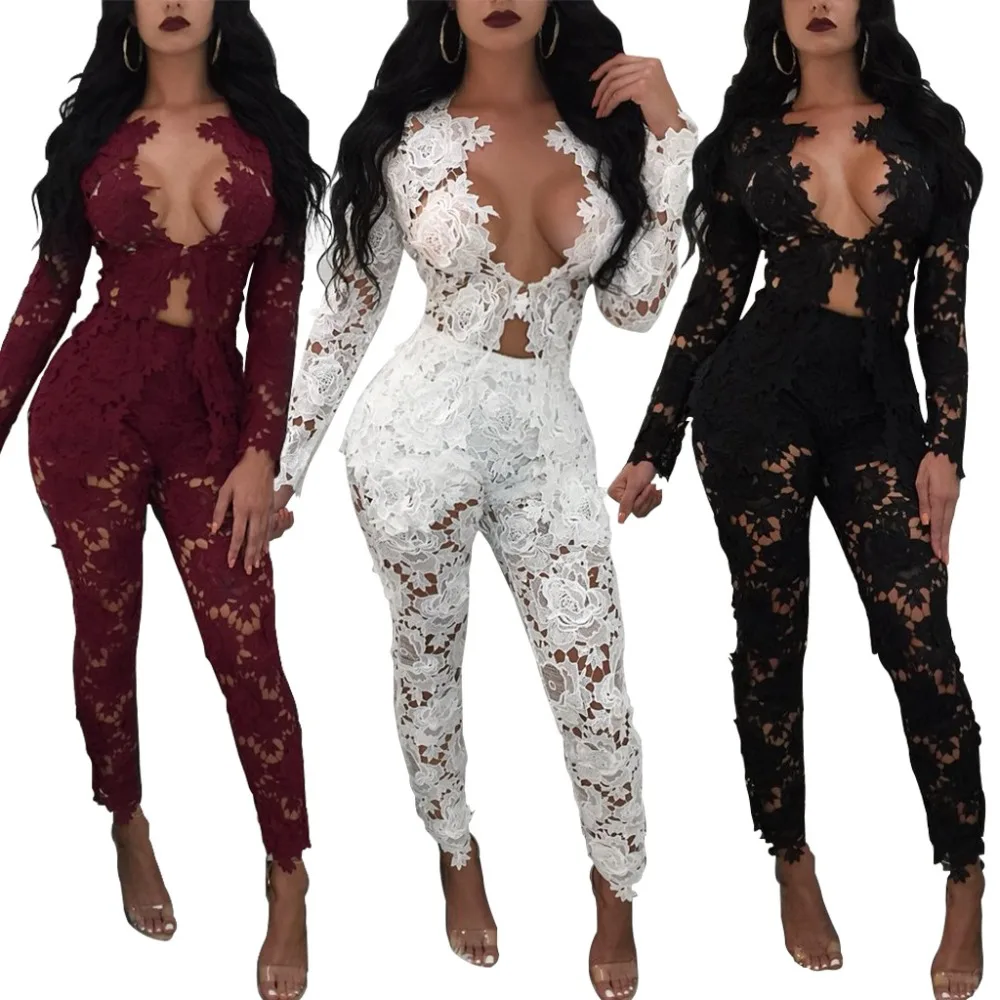 

Autumn Spring New Black White Embroidery Floral Lace Jumpsuit Women Two Piece Skinny Elegant Sexy V Neck Rompers Overalls