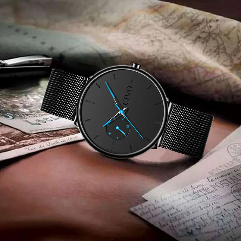 CIVO Fashion Mens Watches Top Brand Luxury Waterproof Ultra Thin Dial Sport Quartz Watches Men Mesh Band Clock Relogio Masculino