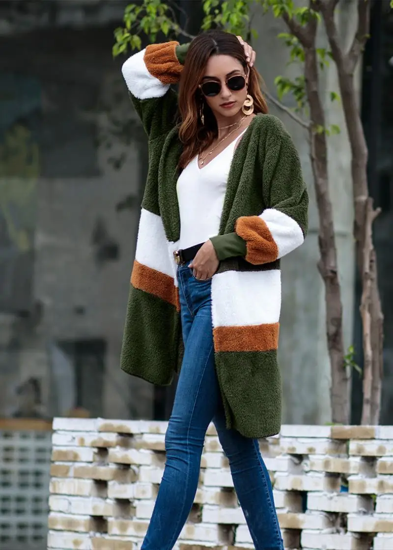 2018 New O-Neck long-sleeved Arctic velvet women's autumn and winter sweater long cardigan plush coat casual outerwear