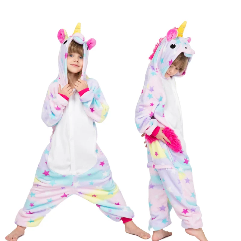 Kids Animal Pajamas Set Winter Warm Boys Girls Starry Pegasus Unicorn Cosplay Children Sleepwear Onesie Flannel Pyjamas 4-12Year