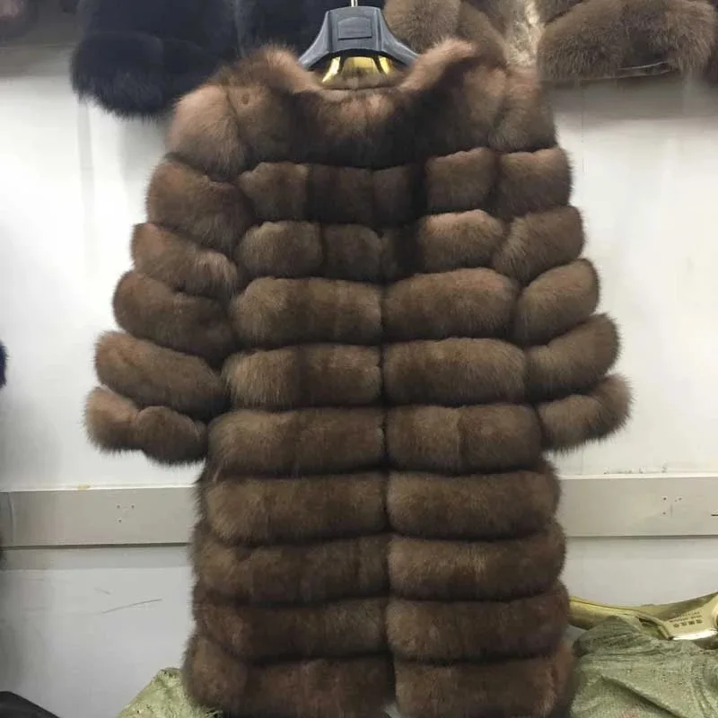 New Brand Winter Real Blue Fox Fur Coat Thick Warm Imitation Of Sables Women's Light Brown Long Jacket The fox fur Coat