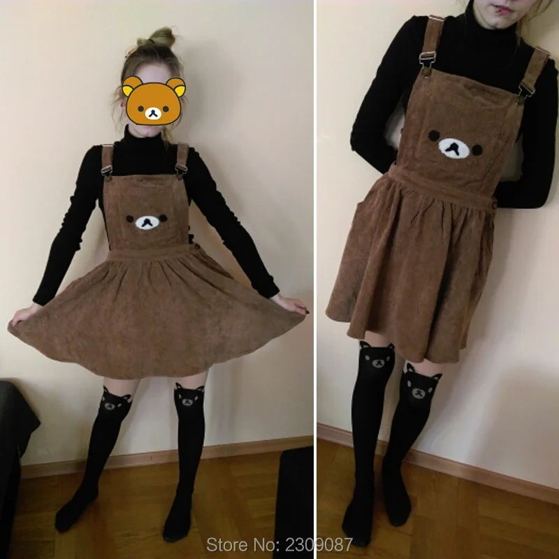 Платья платье летнее лолита халаты женские Harajuku Японский Rilakkuma Платье Симпатичный Медведь Вышивка Габаритные Платья Со Съемной Hat Лолита Мори Девушки Ремни Платье бальное платье Женская Одежда WXC