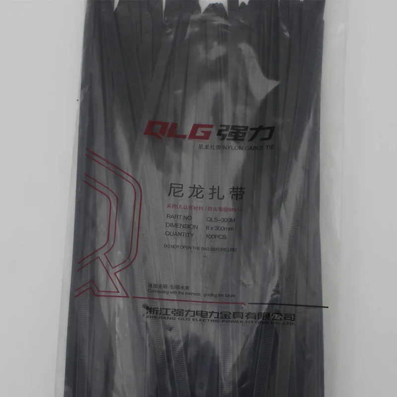 

100Pcs/pack 8*300mm high quality width 7.6mm Black Color National Standard Self-locking Plastic Nylon Cable Ties,Wire Zip Tie