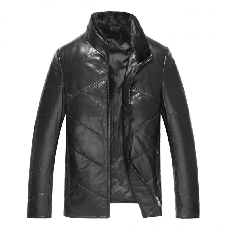 Брендовое мужское пуховое пальто из овчины, тонкая короткая куртка из натуральной кожи, зимняя Флисовая теплая Повседневная Верхняя одежда размера плюс 4XL - Цвет: black