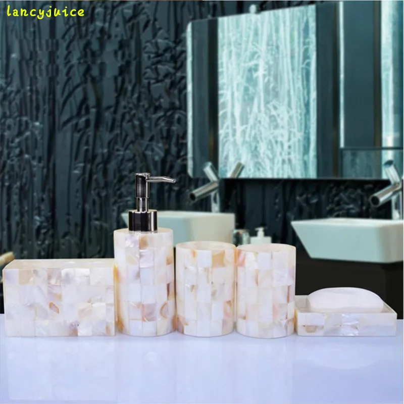 

Elegant Pearl Shell Bathroom Accessory Set 5pcs/set Shell Bathroom Set Soap Dish Dispenser 2 TumblersToothbrush Holder