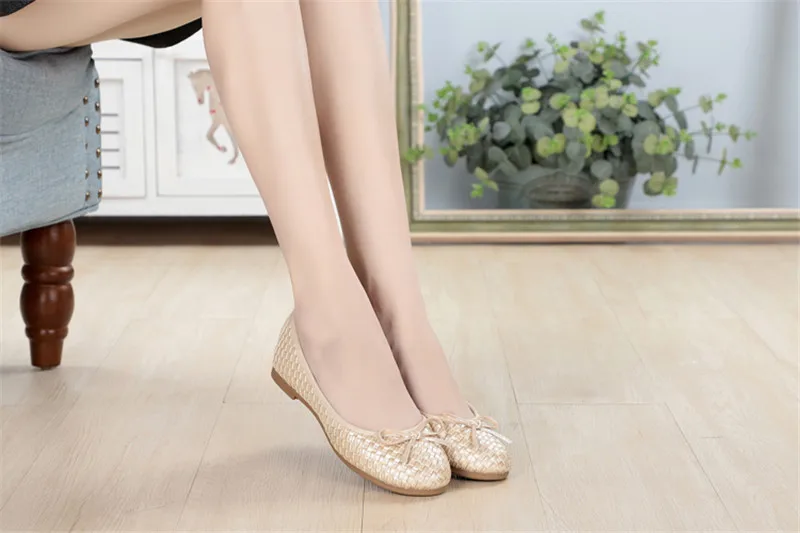 Ladies Casual Flat Shoes Spring Bowtie Flats Women Round Toe Slip-on Ballet Flats Knitted Pu Leather Ballerinas Flats For Women  (15)