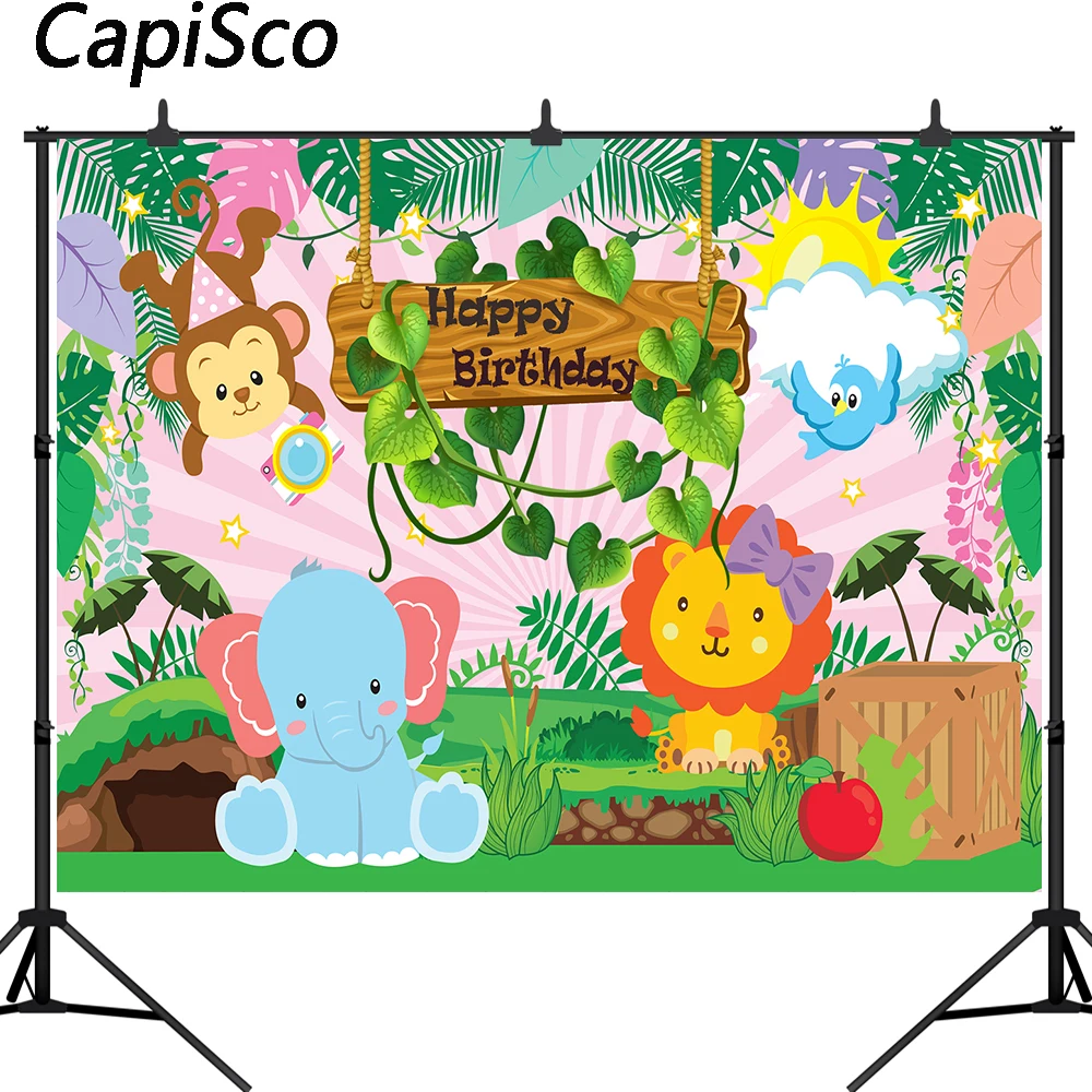 

Capisco 1st Birthday Party Photography Backdrop Jungle Safari Photo Background Baby Animals Forest Theme Party Banner Decor